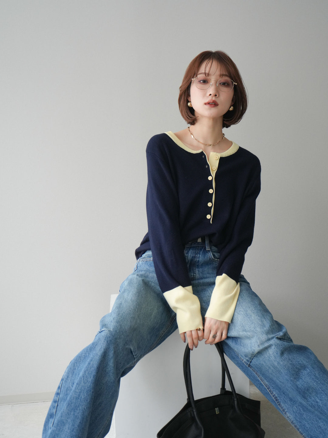[予約]ヘンリーネック配色ニットソー/navy