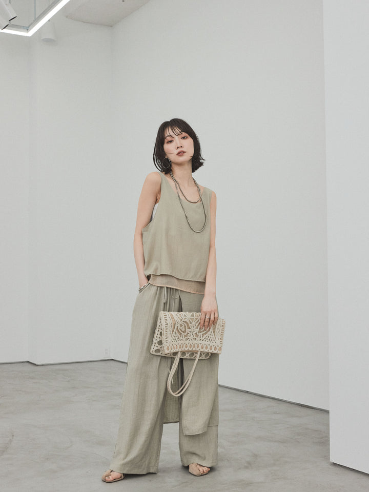 [SET] 洗衣機緞面透明層疊背心 + 洗衣機緞層疊裙褲 (2set)