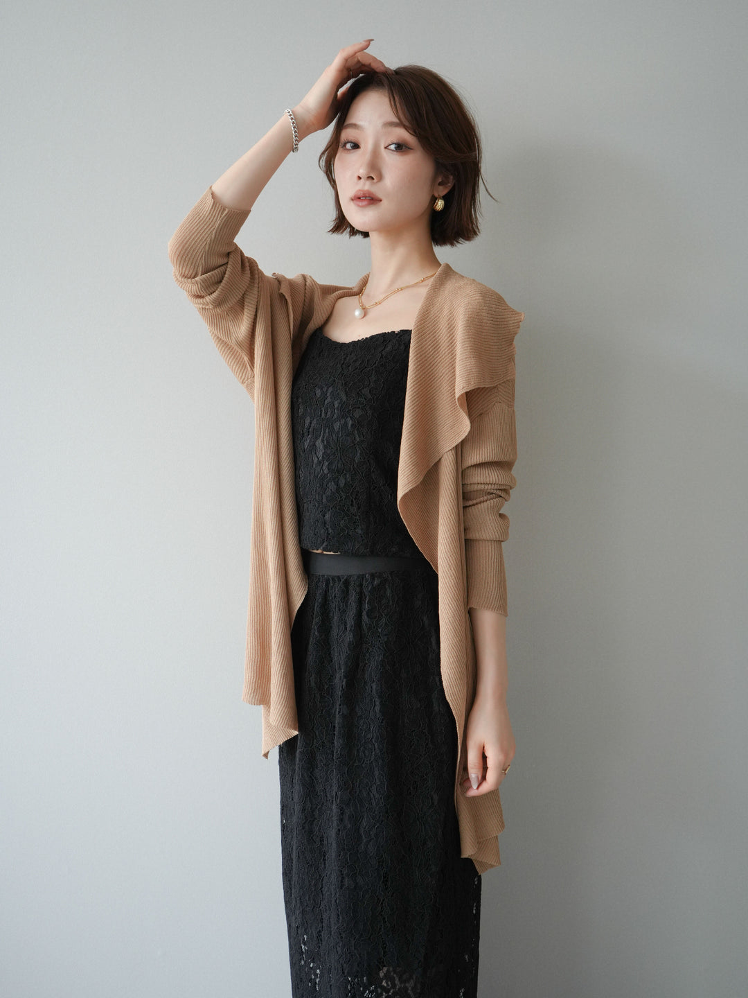 [SET]ドレープリブニットガウン+フルレースキャミ＆IラインスカートSET UP(2set)