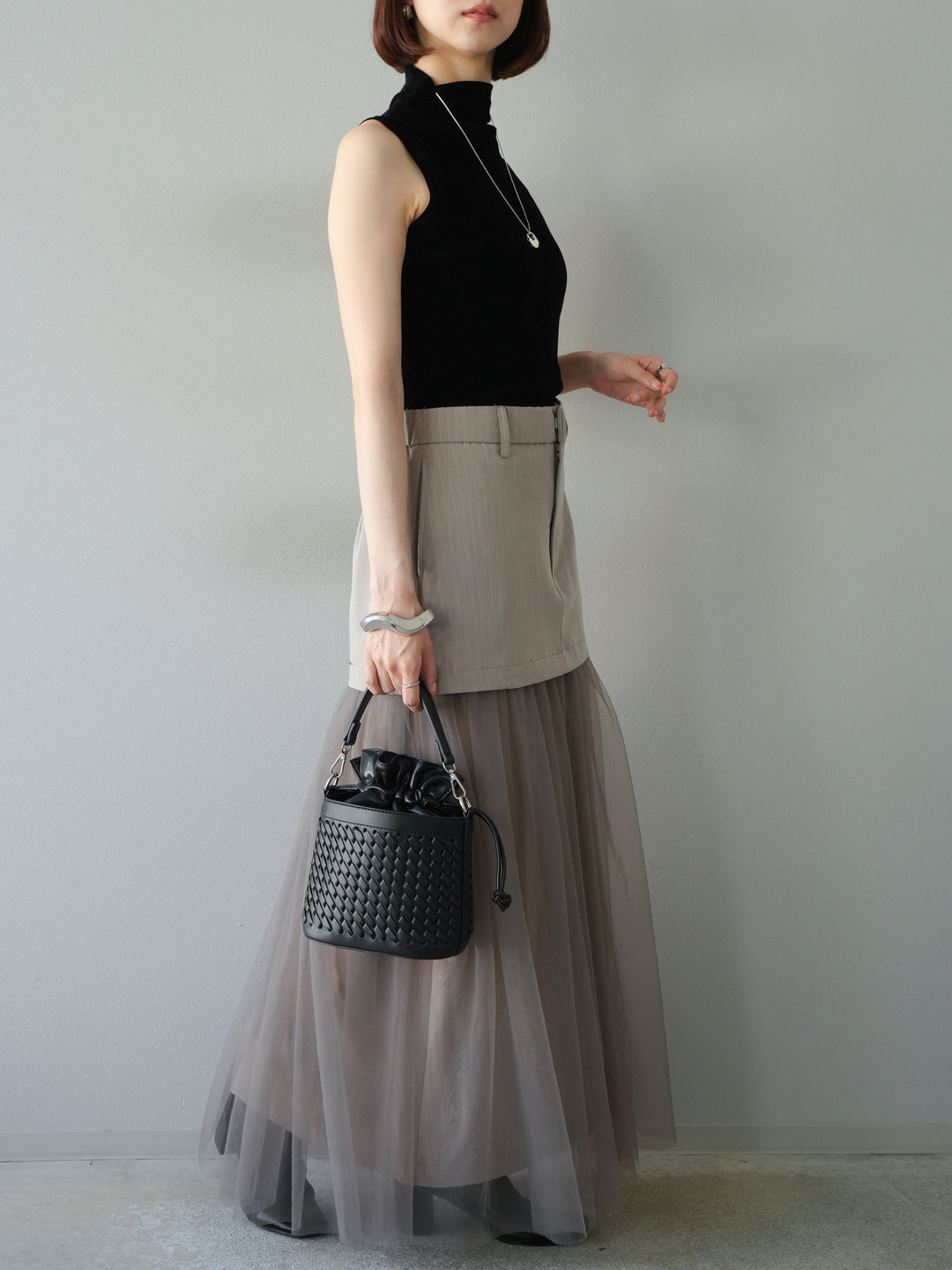 [予約]ストライプ切替チュールスカート/ベージュ