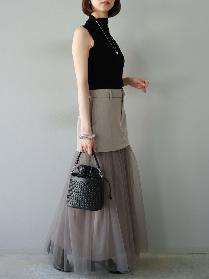 [予約]ストライプ切替チュールスカート/ベージュ