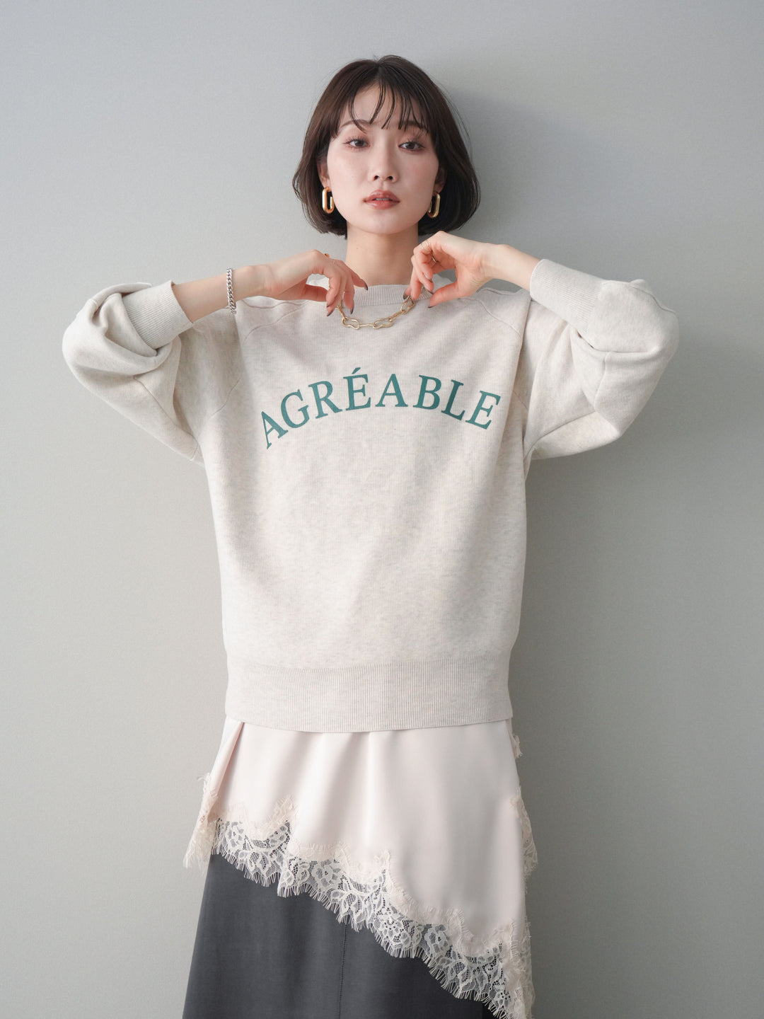 [予約]半ラバープリントロゴスウェットライクニットプルオーバー/oatmeal