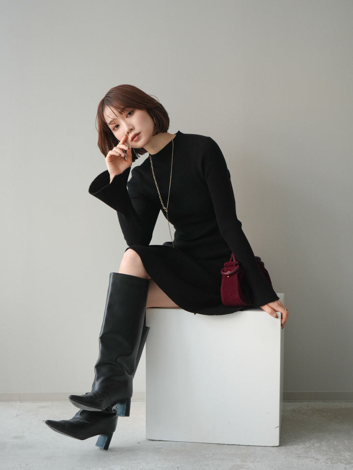 [予約]フレアリブニットミニワンピース/black