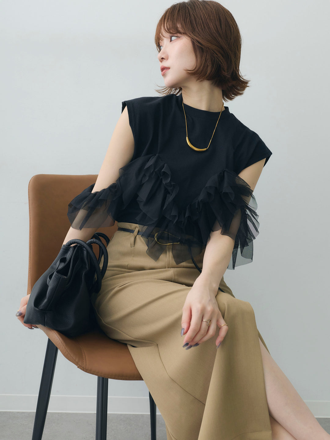 [SET]マルチwayフリルフレンチTEE+クレープデシンフラップ付きストレートスカート(2set)