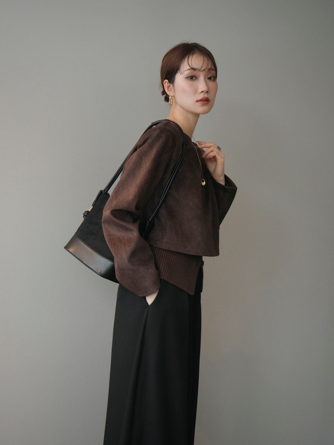 [予約]リブニットレイヤードスエードプルオーバー/brown