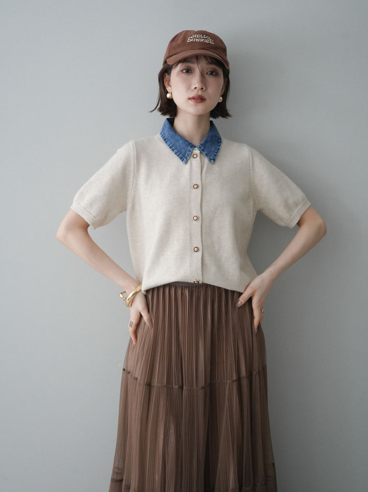 [予約]デニム襟ボタンハーフスリーブニットプルオーバー/beige