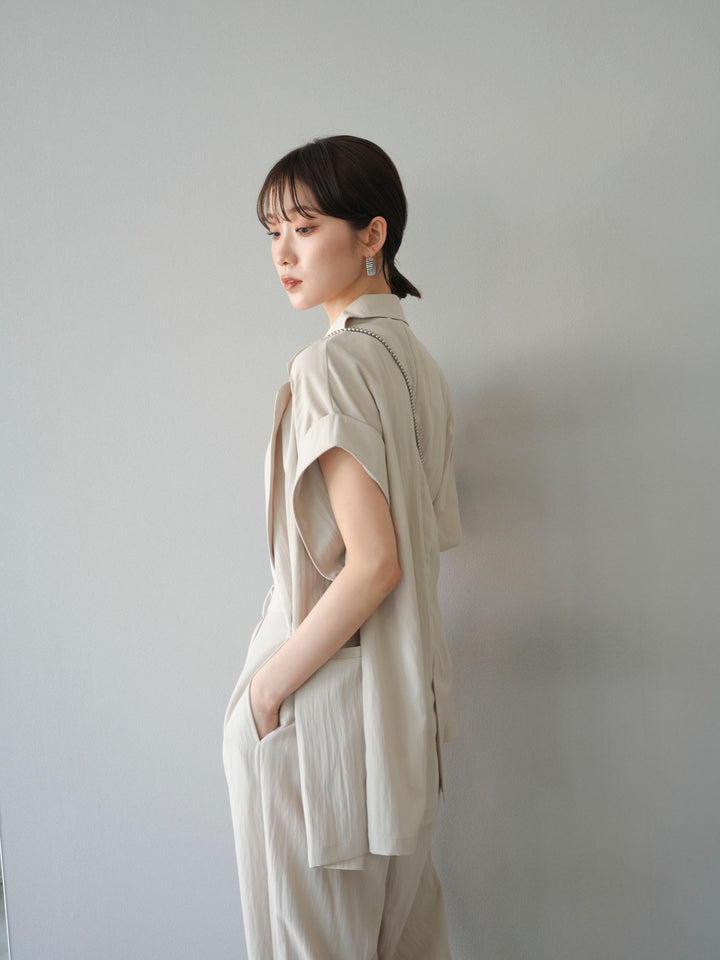 [套裝] 亞麻風格無袖雙背心 + 雙肩帶剪裁羅紋胸罩吊帶背心（2 件套）