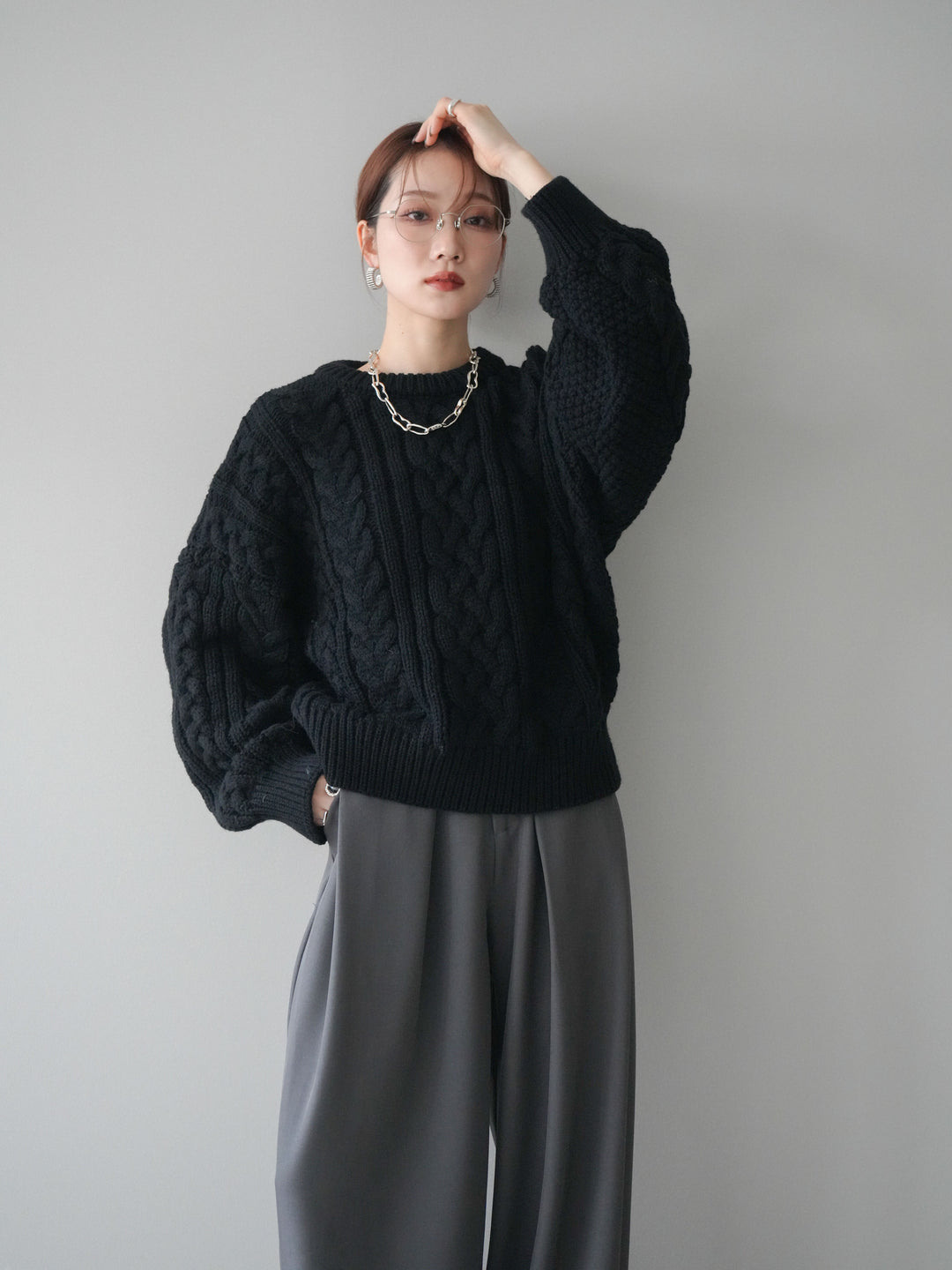 [SET]ボリュームケーブルニットプルオーバー+ベルトループデザインワイドパンツ(2set)