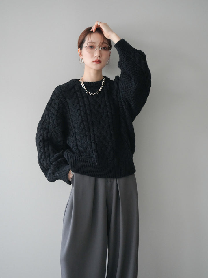 [SET]ボリュームケーブルニットプルオーバー+ベルトループデザインワイドパンツ(2set)