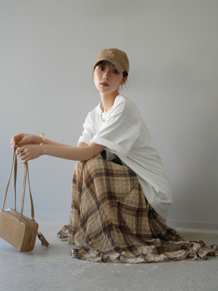 [SET]ネオンロゴフォトプリントBIG Tシャツ+シアーチェックアシンメトリーワッシャースカート(2set)