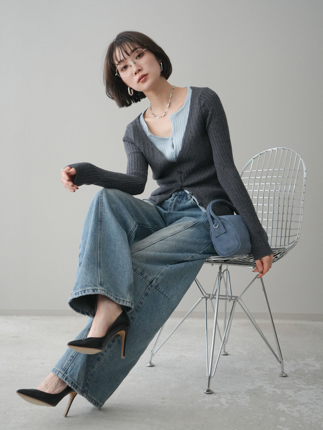 [予約]バイカラーレイヤードニットカーディガン/gray