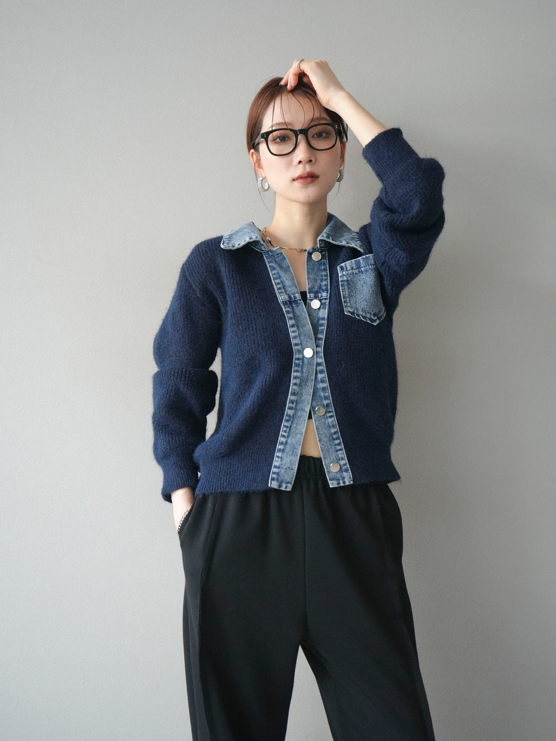 [予約]デニム襟ポケットニットカーディガン/navy