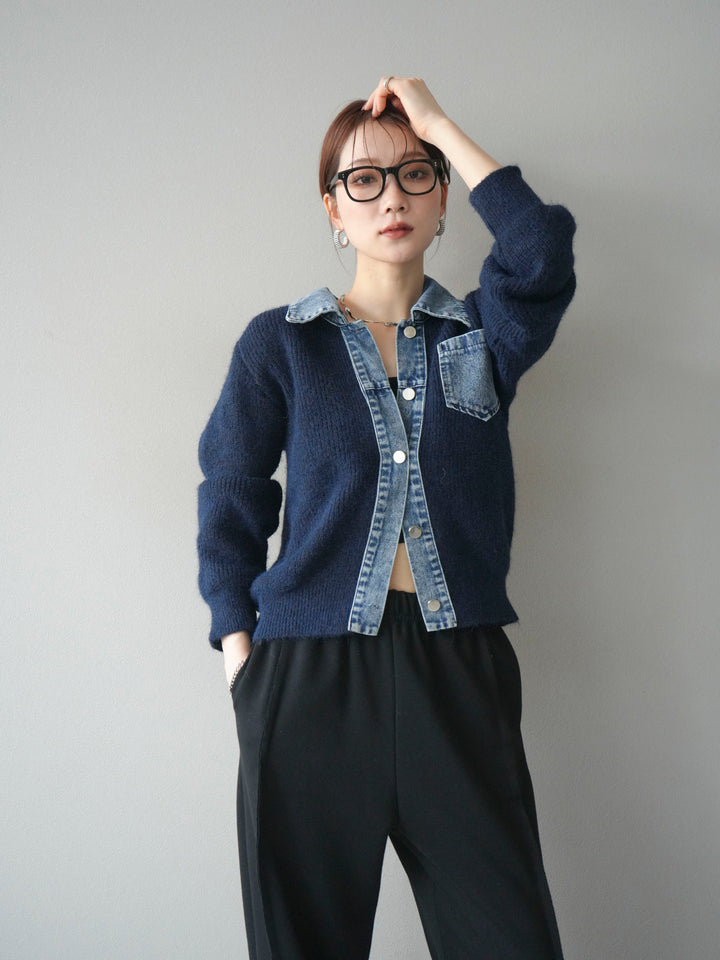 [予約]デニム襟ポケットニットカーディガン/navy