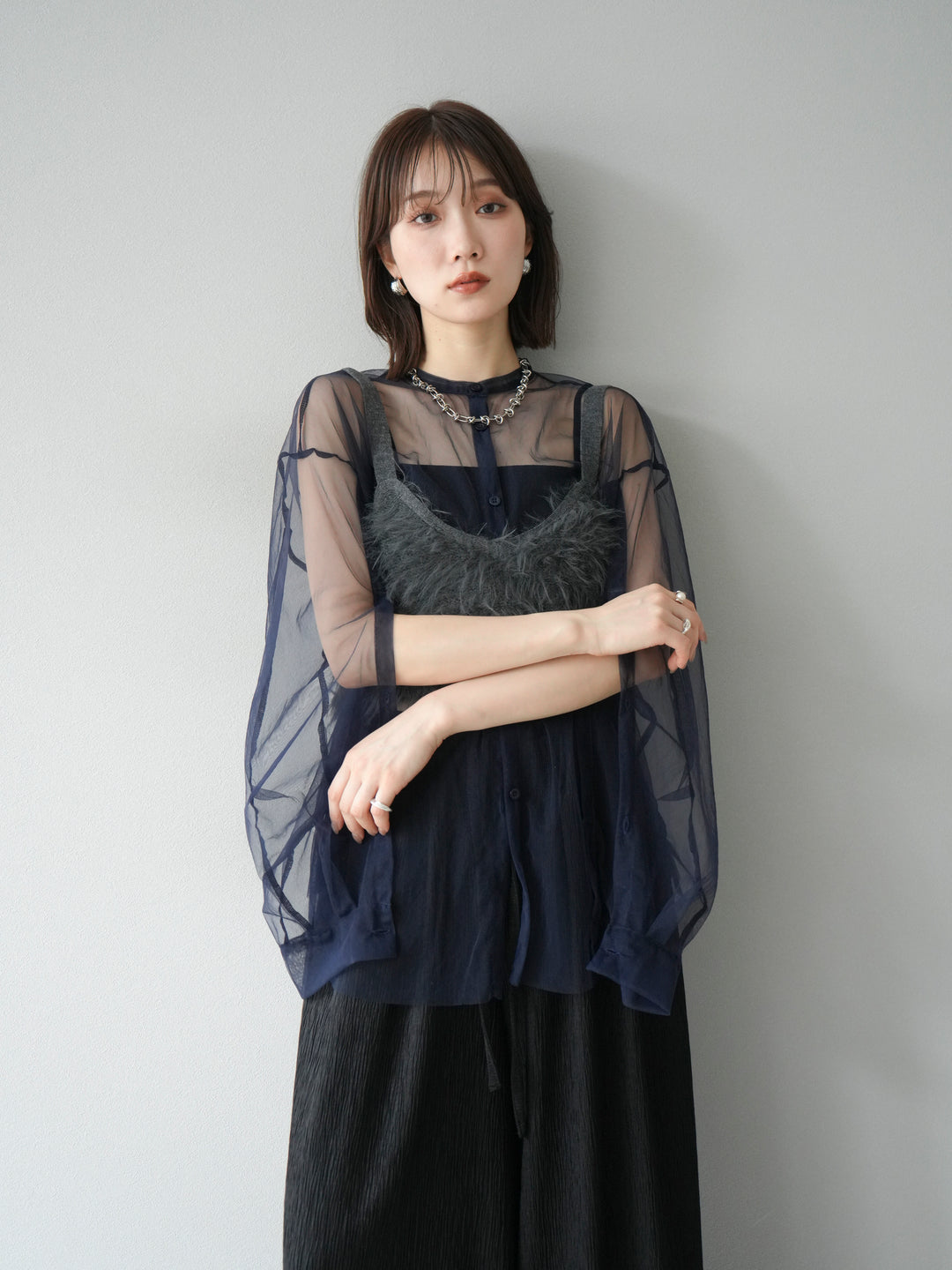 [予約]2WAYスリーブチュールシャツ/ネイビー