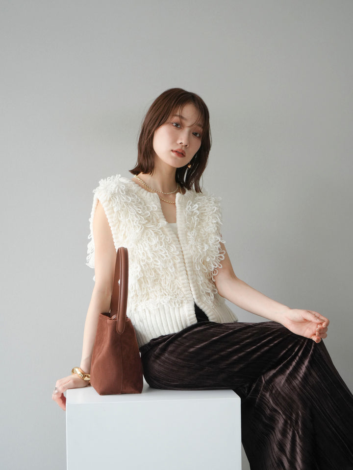 [SET]レザー襟オンブレチェックオーバーシャツ +ループデザインホックベスト +クラッシュベロアナロースカート(3set)