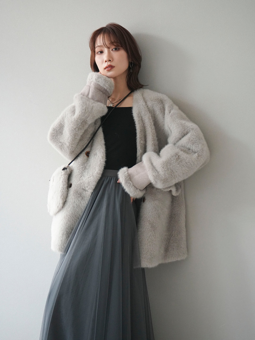 [SET]バッグ付エコファーノーカラーコート+チュールボリュームスカート(2set)