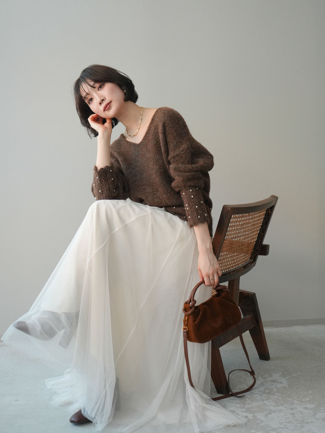 [SET]パールフリルリブヘムニットプルオーバー+チュールボリュームスカート(2set)