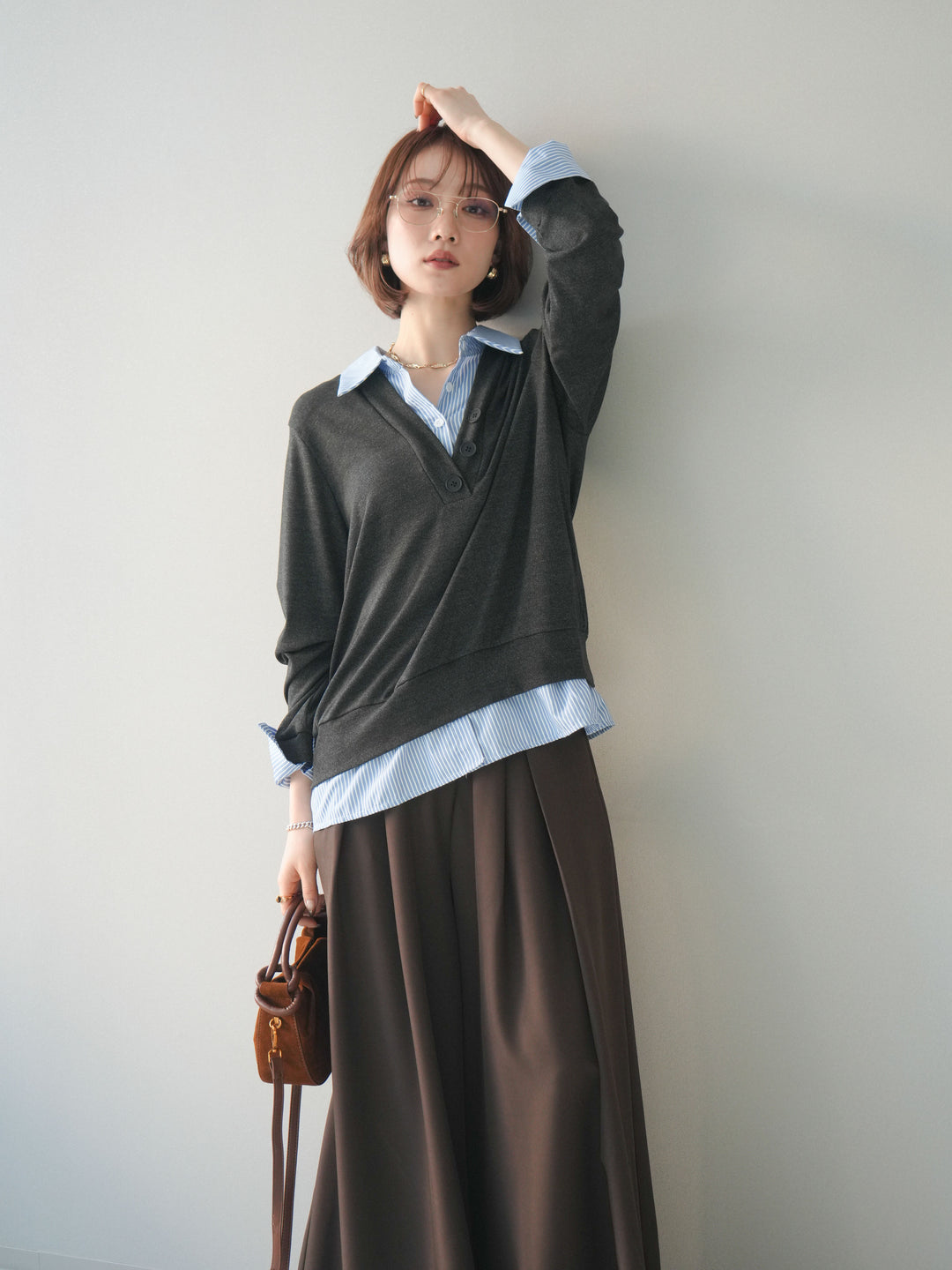 [予約]シャツレイヤードデザインカットプルオーバー/charcoal