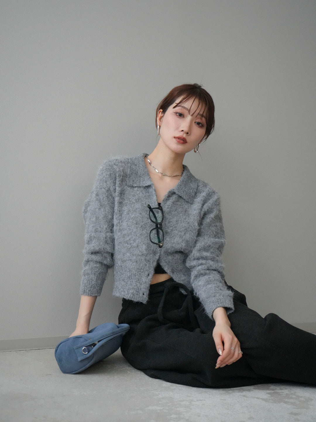 [予約]モヘア衿付きボタンプルオーバー/charcoal