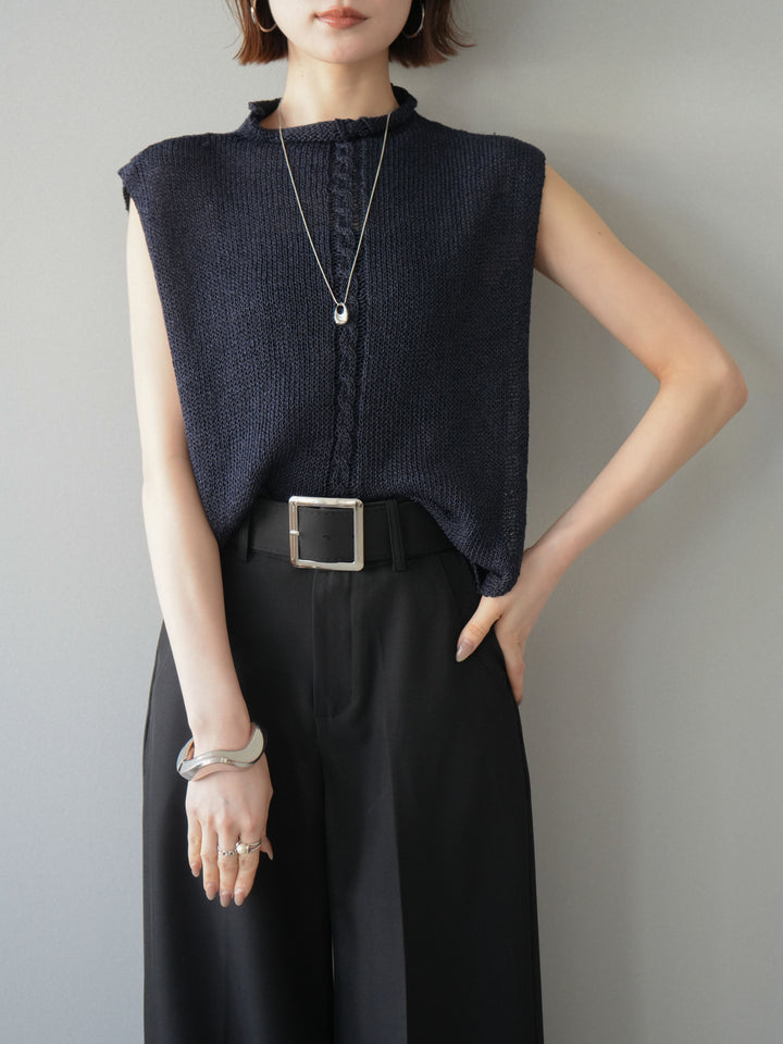 【套裝】開襟針織上衣+銀色搭扣垂褶闊腿褲（兩件套）