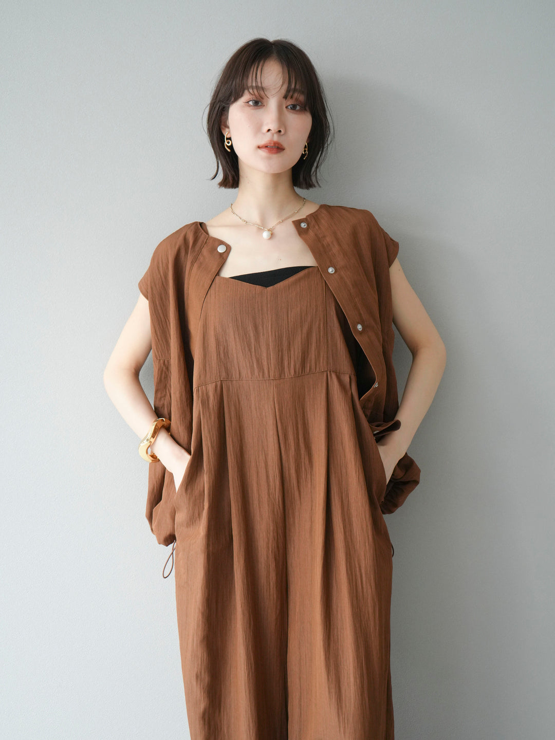 [SET]リネンライクビスチェデザインサロペット+リネンライクドロストバルーンブルゾン(2set)