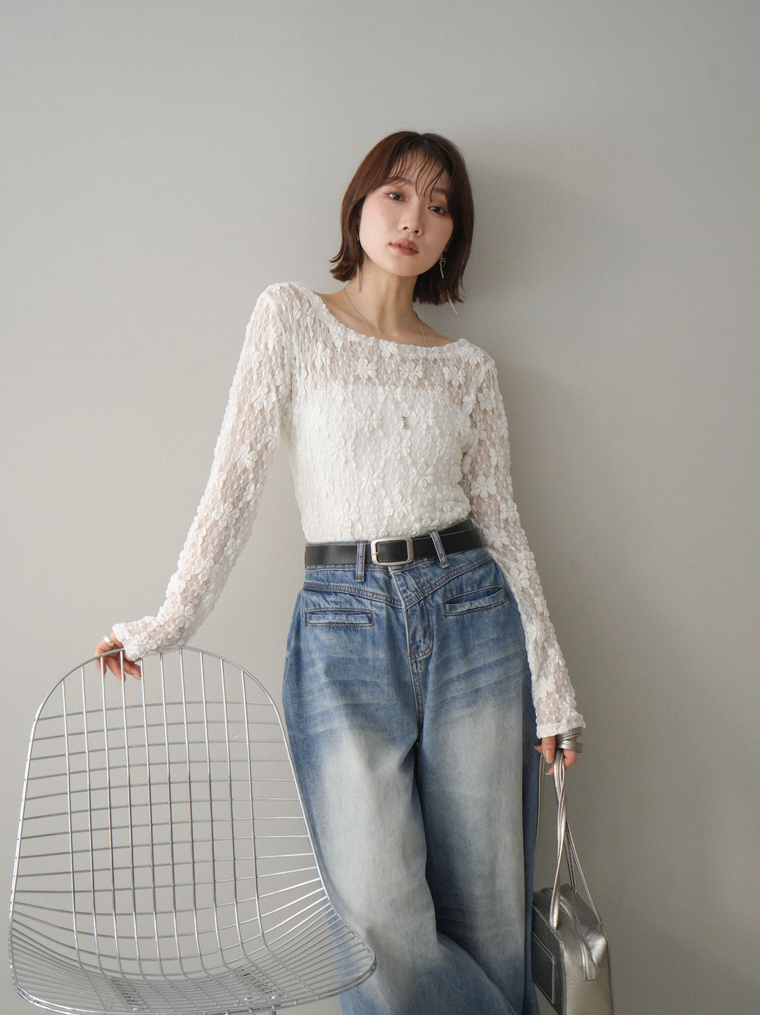 [予約]サイドギャザーレーストップス/white