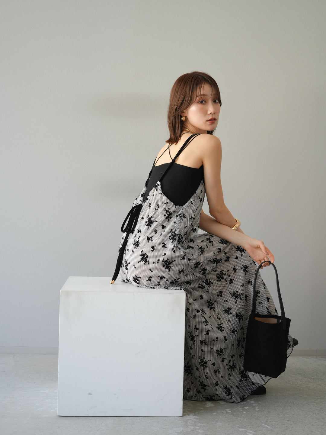 [SET]フロッキーチュールレイヤードベロアキャミワンピース+カップ付きバッククロスキャミソール(2set)