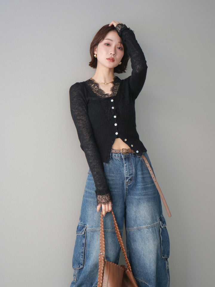 [予約]モヘアタッチレースニットカーディガン/black