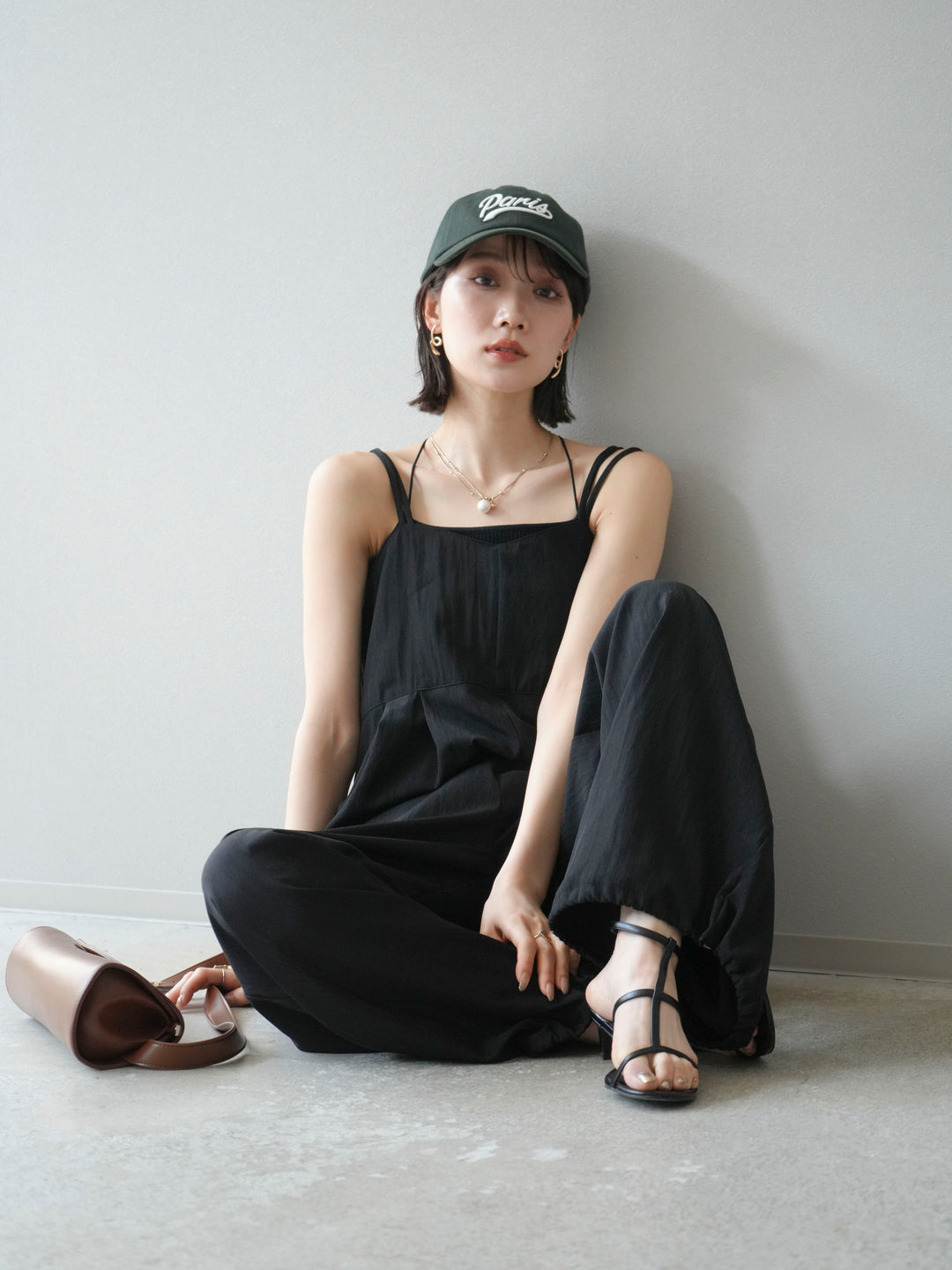 [SET]リネンライクビスチェデザインサロペット+ダブルストラップカットリブブラキャミソール(2set)