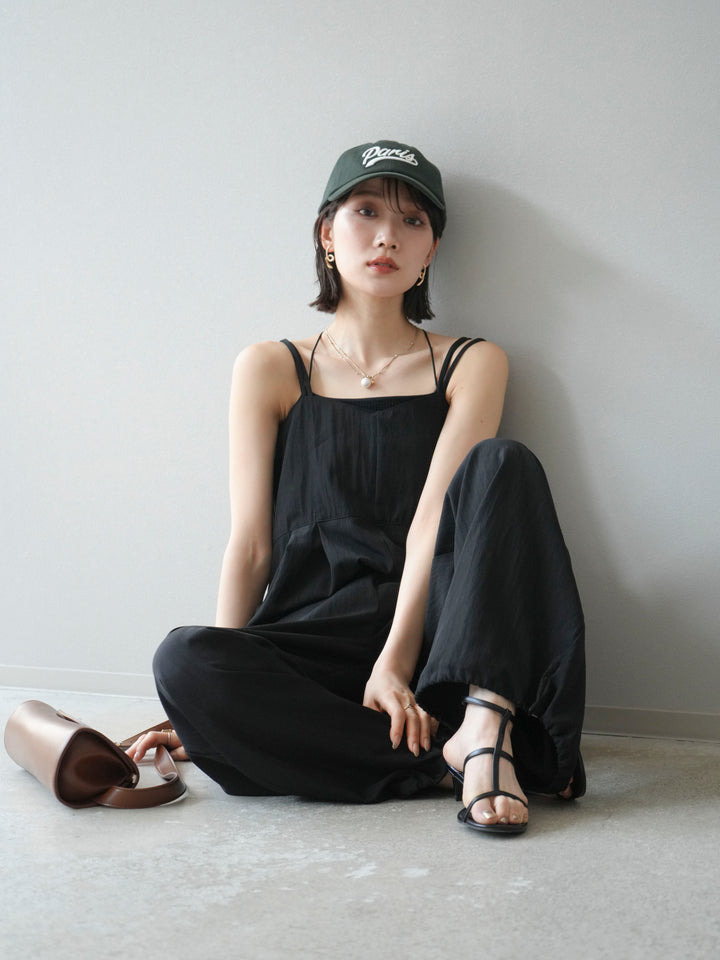 [SET]リネンライクビスチェデザインサロペット+ダブルストラップカットリブブラキャミソール(2set)