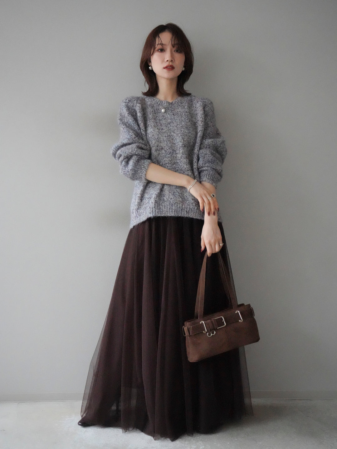 [SET]ロゴラベルミックスヤーンニットプルオーバー+チュールボリュームスカート(2set)