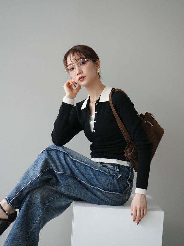 [予約]レイヤード配色ポロニットトップス/black