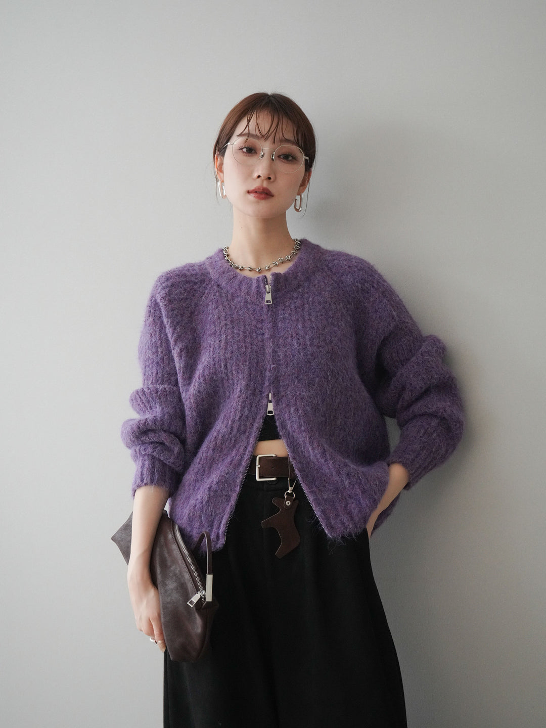 [予約]MIXヤーンモヘアタッチZIPニットカーディガン/purple