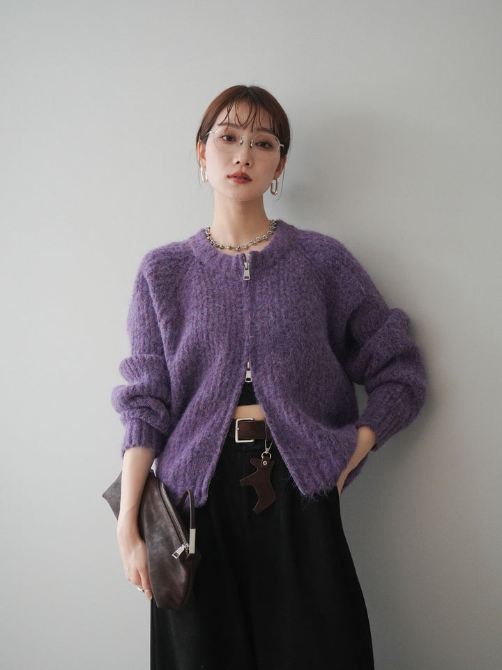 [予約]MIXヤーンモヘアタッチZIPニットカーディガン/purple