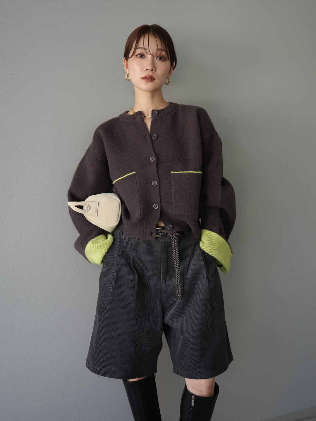 [予約]バイカラーオーバーニットカーディガン/ブラウン