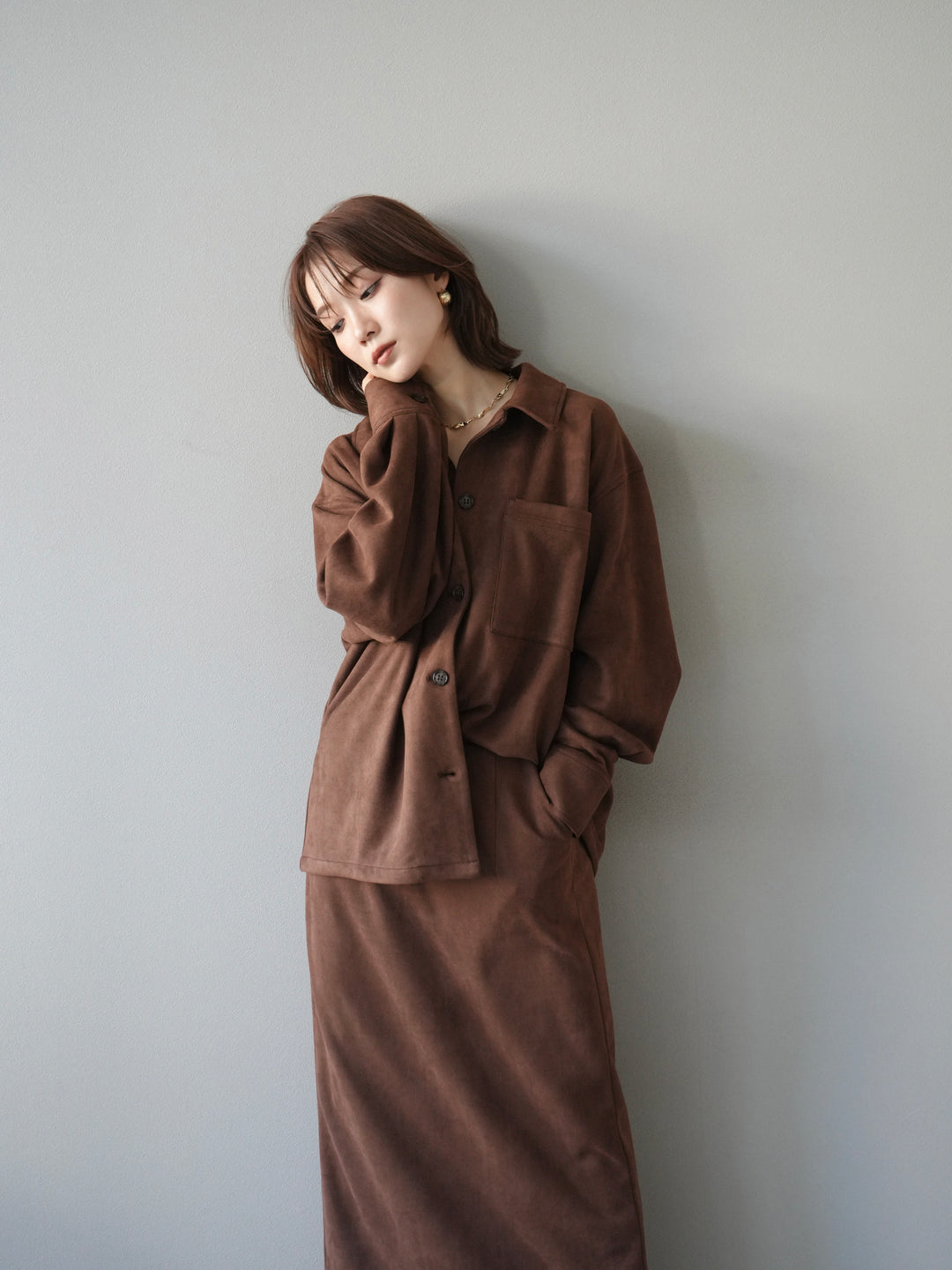 [SET]スエードシャツジャケット+スエードタイトスカート(2set)