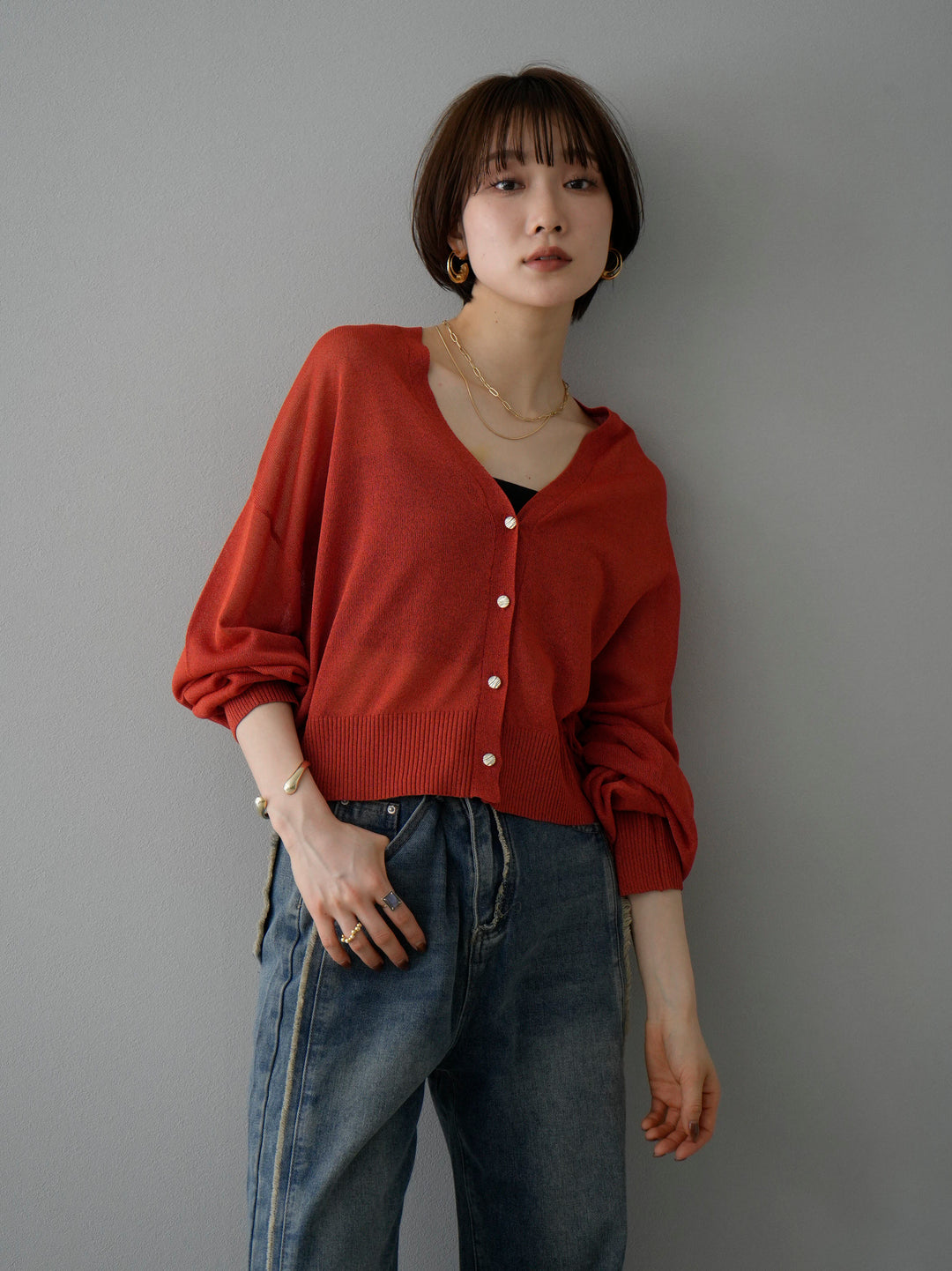 [Pre-order] Lame sheer knit cardigan/Red