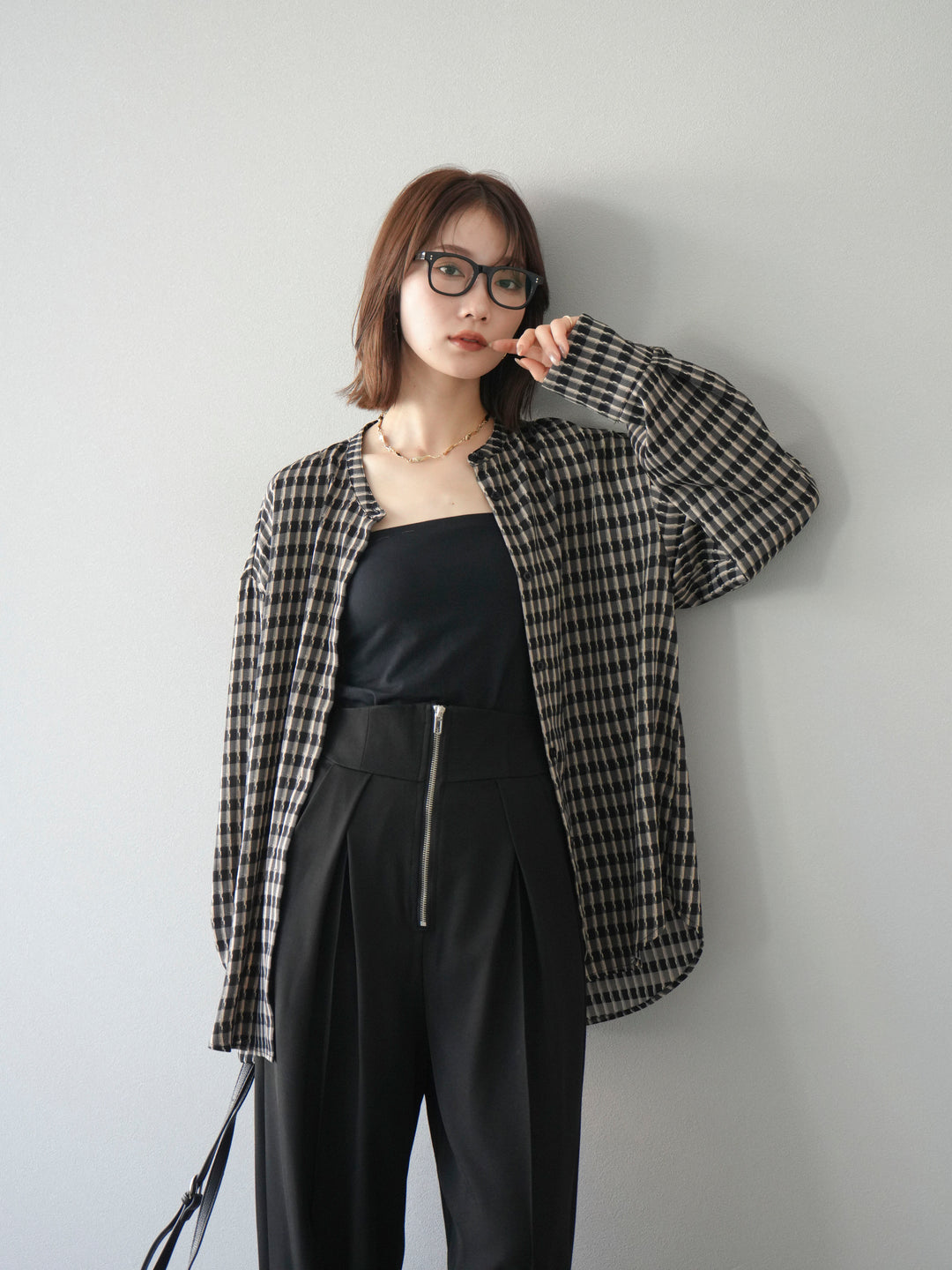 [予約]チェック柄2WAYスリーブバンドカラーシャツ/ベージュブラック