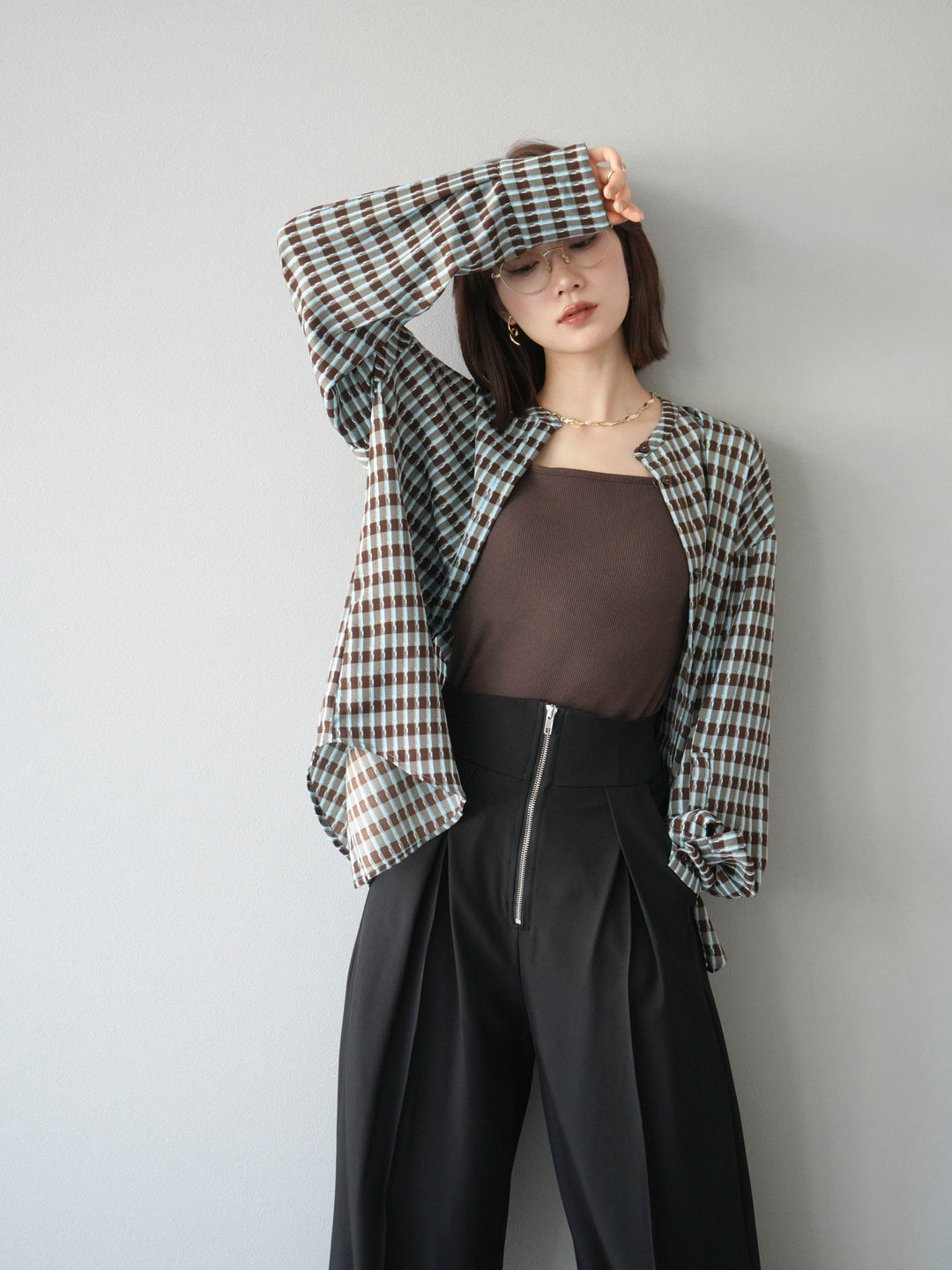 [予約]チェック柄2WAYスリーブバンドカラーシャツ/ブルーブラウン