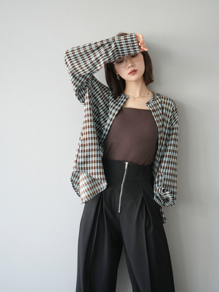[予約]チェック柄2WAYスリーブバンドカラーシャツ/ブルーブラウン