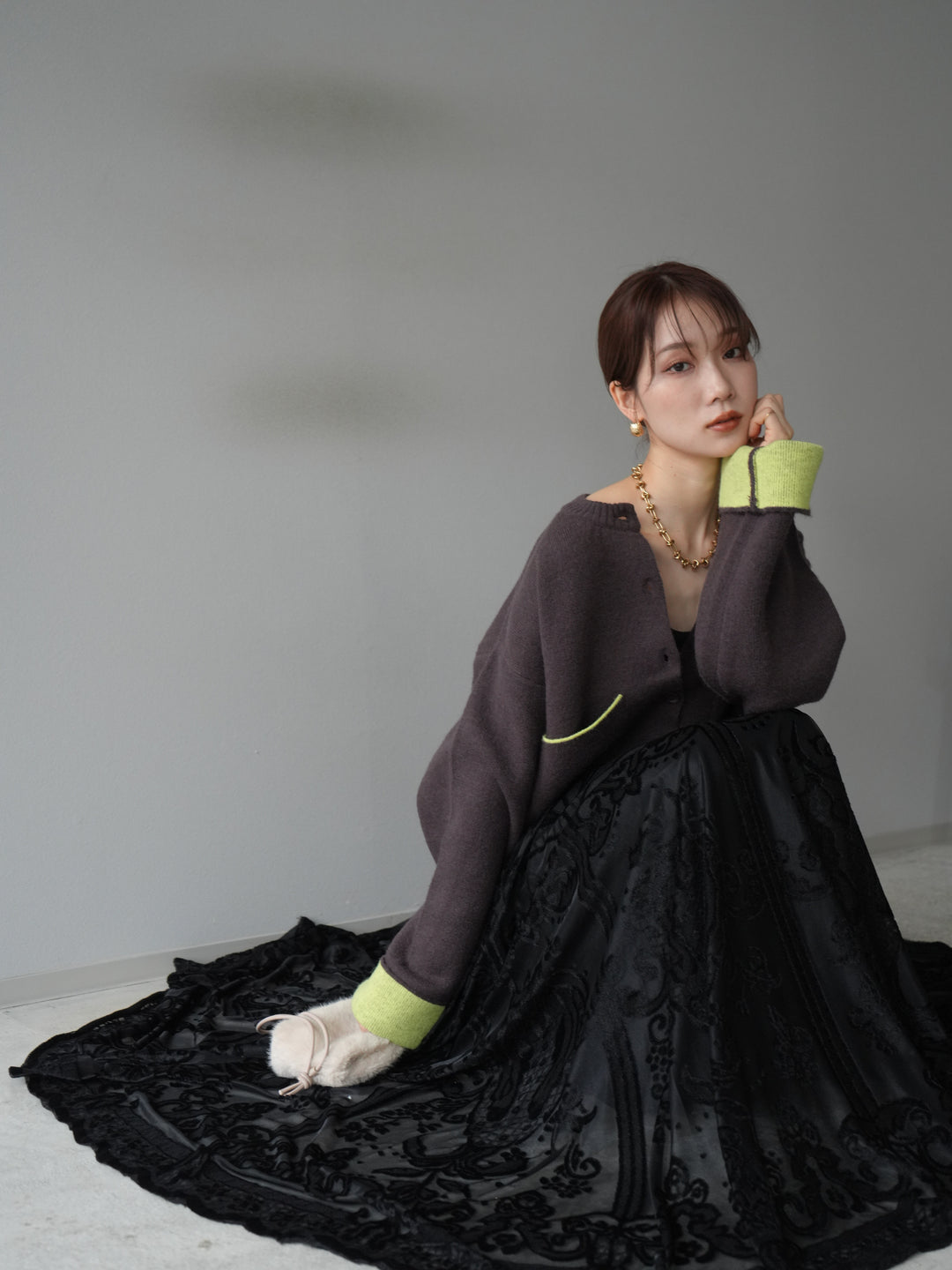 [予約]バイカラーオーバーニットカーディガン/ブラウン