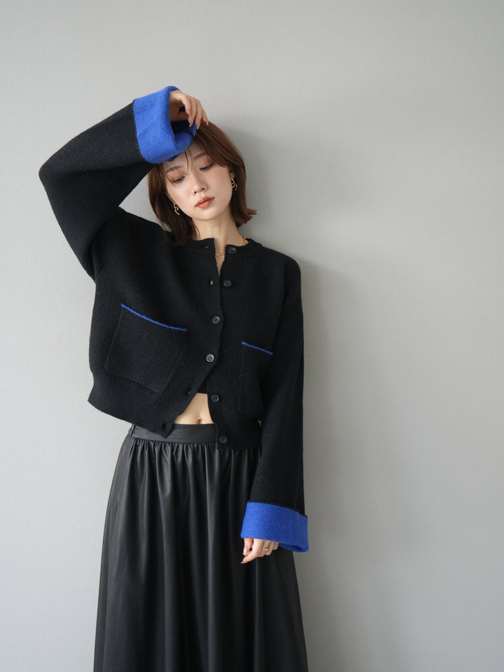 【預購】雙色針織開襟衫/黑色