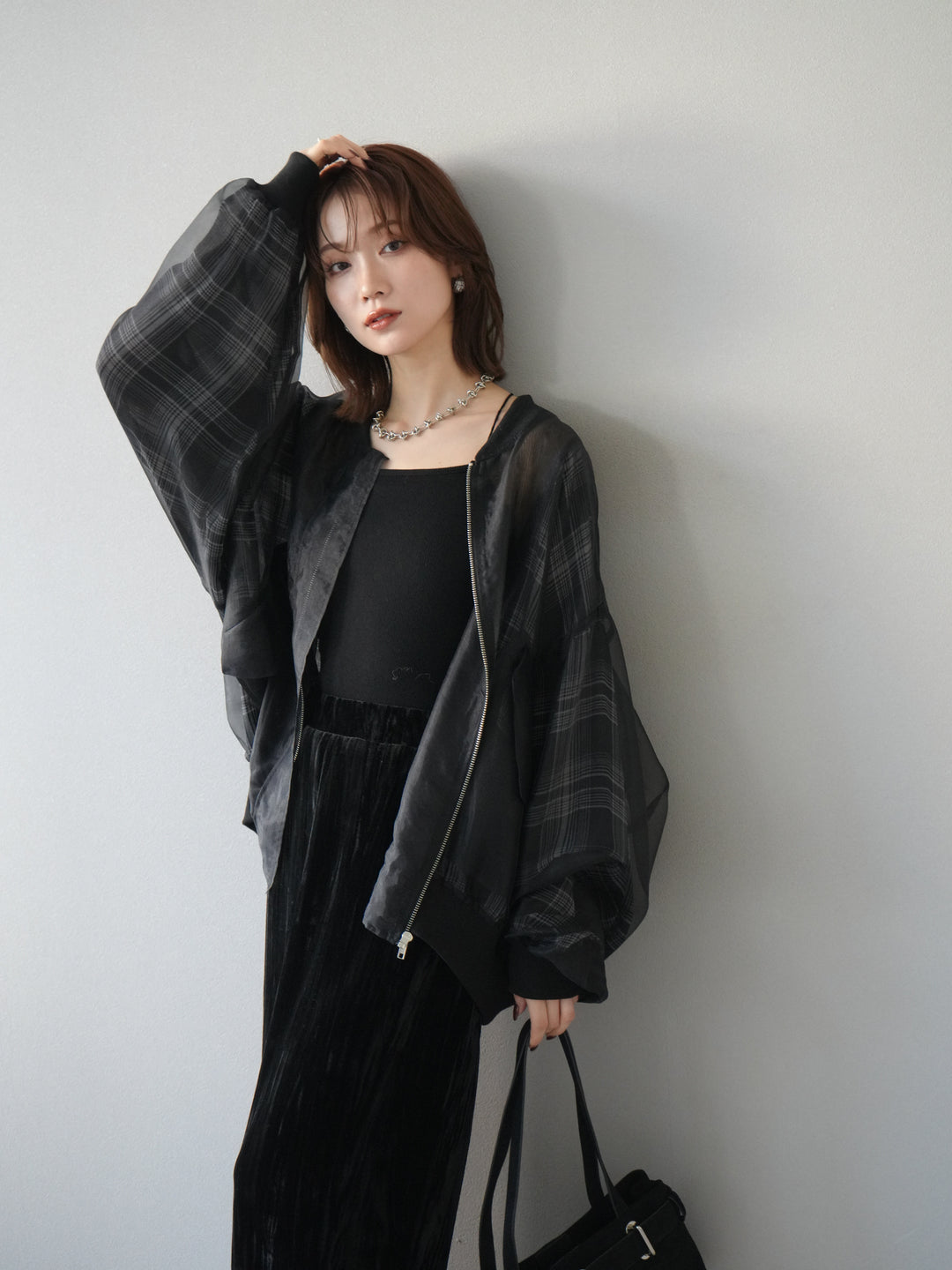 [預購] 格紋薄紗對接外套/黑色