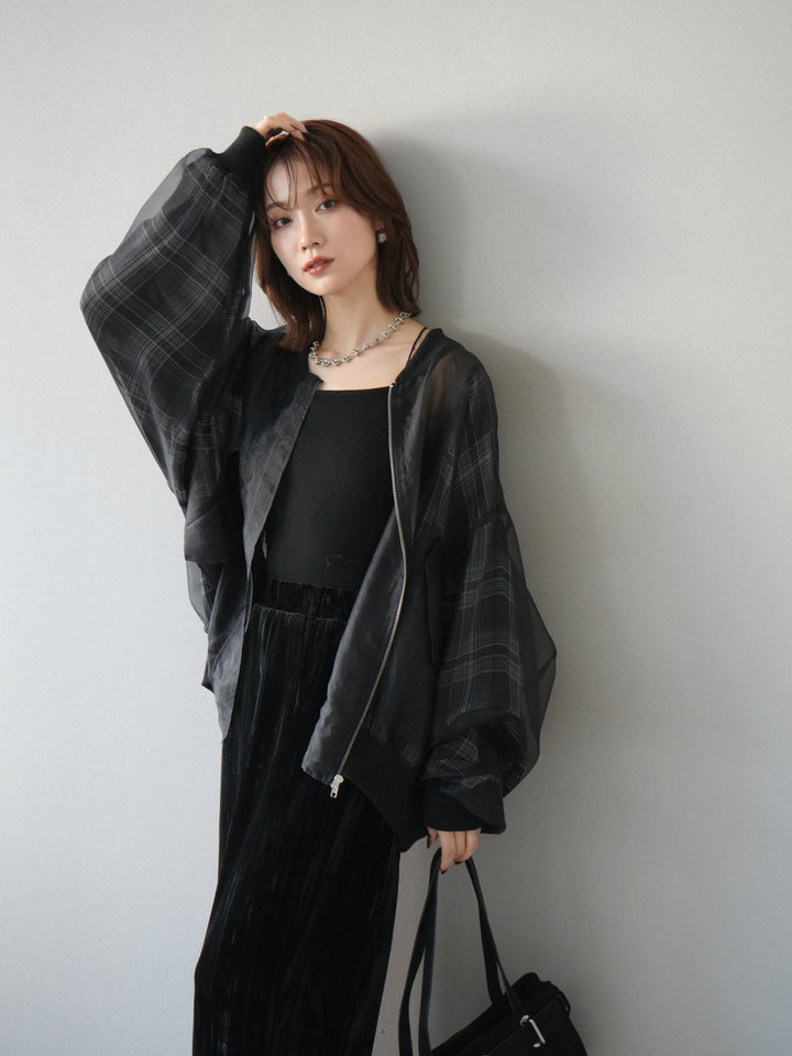 [預購] 格紋薄紗對接外套/黑色