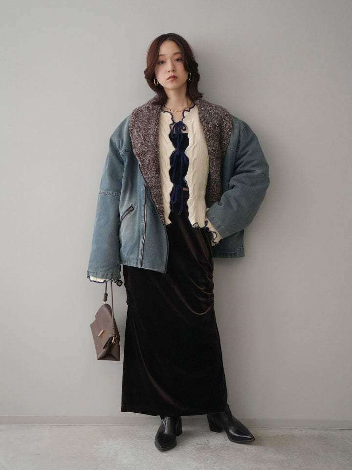 [SET]ミックスボアデニムジャケット+フロントリボン配色メローニットカーディガン+ギャザーベロアスカート(3set)