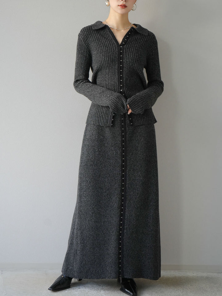 [預訂] 鉤眼細部領口針織開襟衫/炭灰