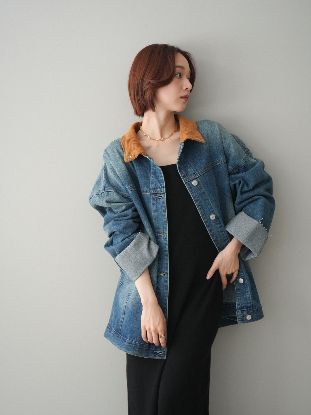 [SET]2WAYニットワンピース+コーデュロイ×デニムミドルジャケット(2set)