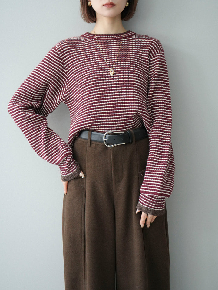 [予約]ラメ異素材ボーダーリブニットプルオーバー/bordeaux×brown