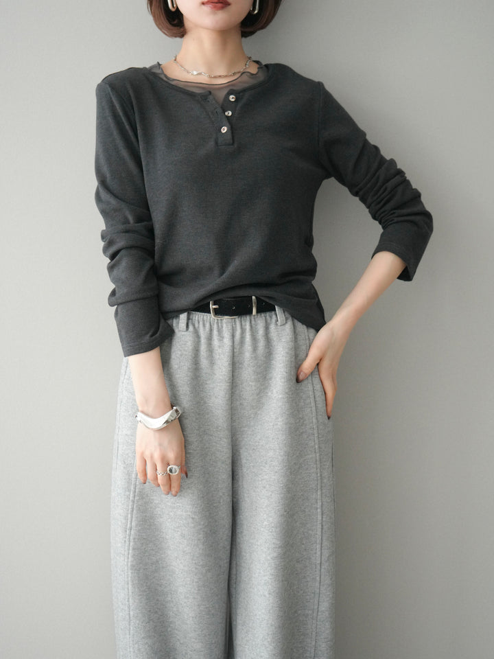 [予約]チュールレイヤードヘンリーネックカットソー/charcoal