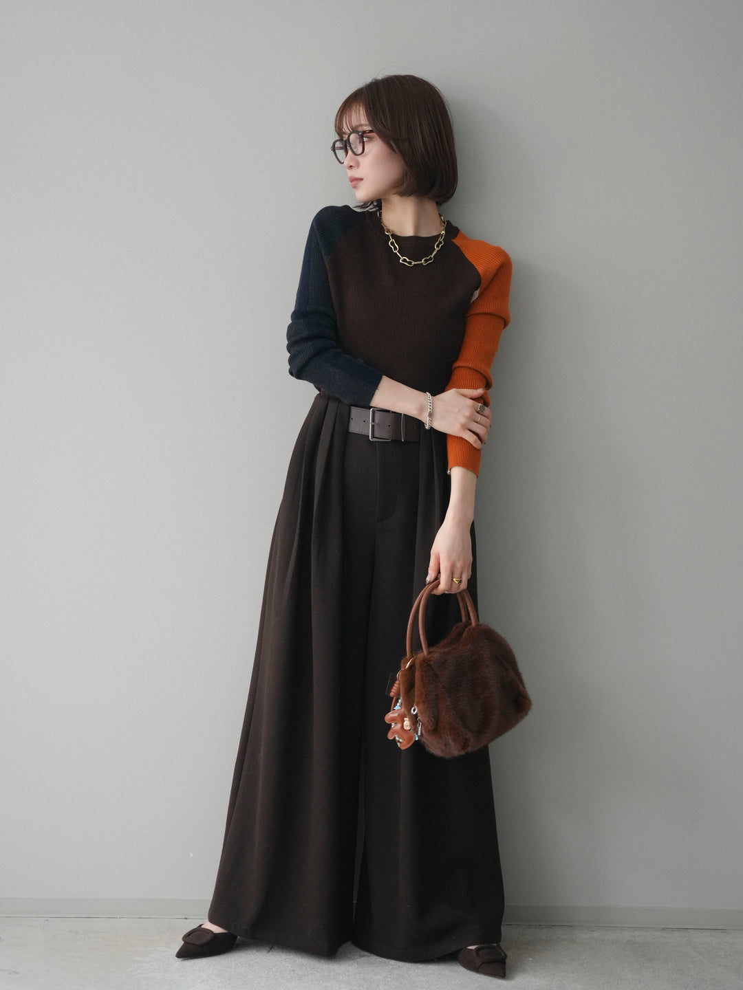 [SET]バイカラーラグランニットトップス+ベルトデザインループウールワイドパンツ(ベルト付)(2set)